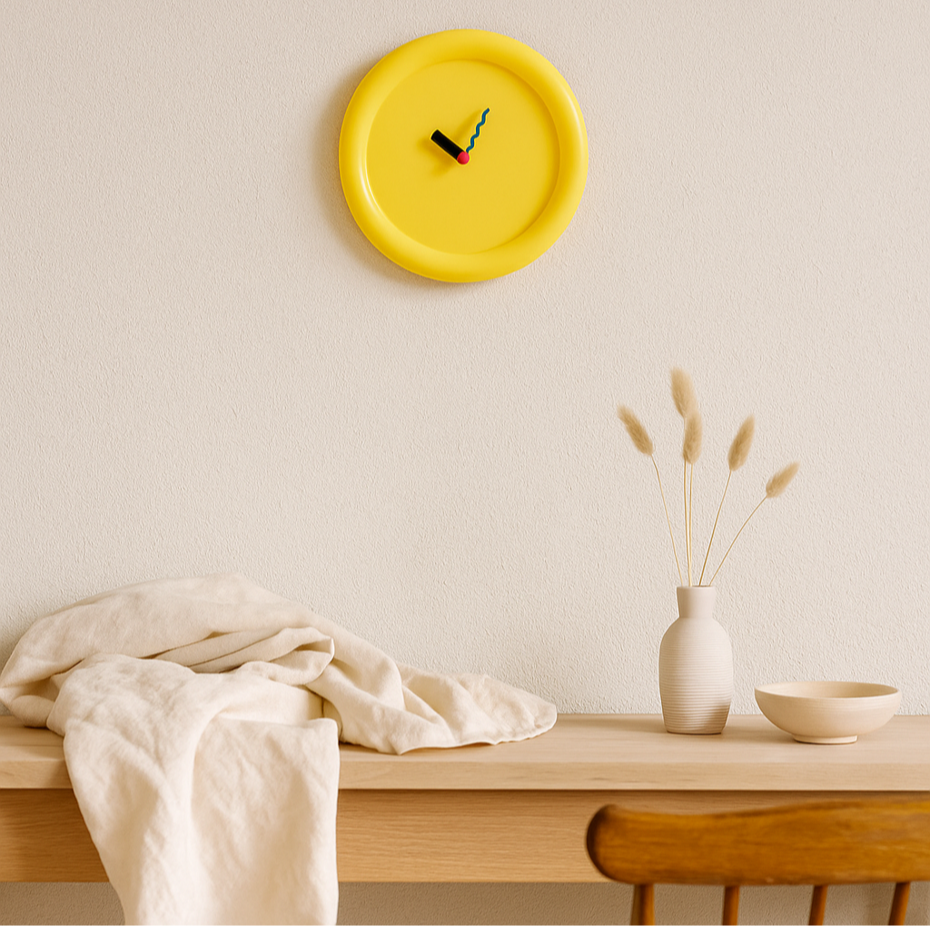 Colorful geometric wall clocks in Memphis style with bold artistic design Bowlift by Bowlift
