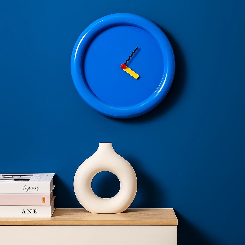 Colorful geometric wall clocks in Memphis style with bold artistic design Bowlift by Bowlift