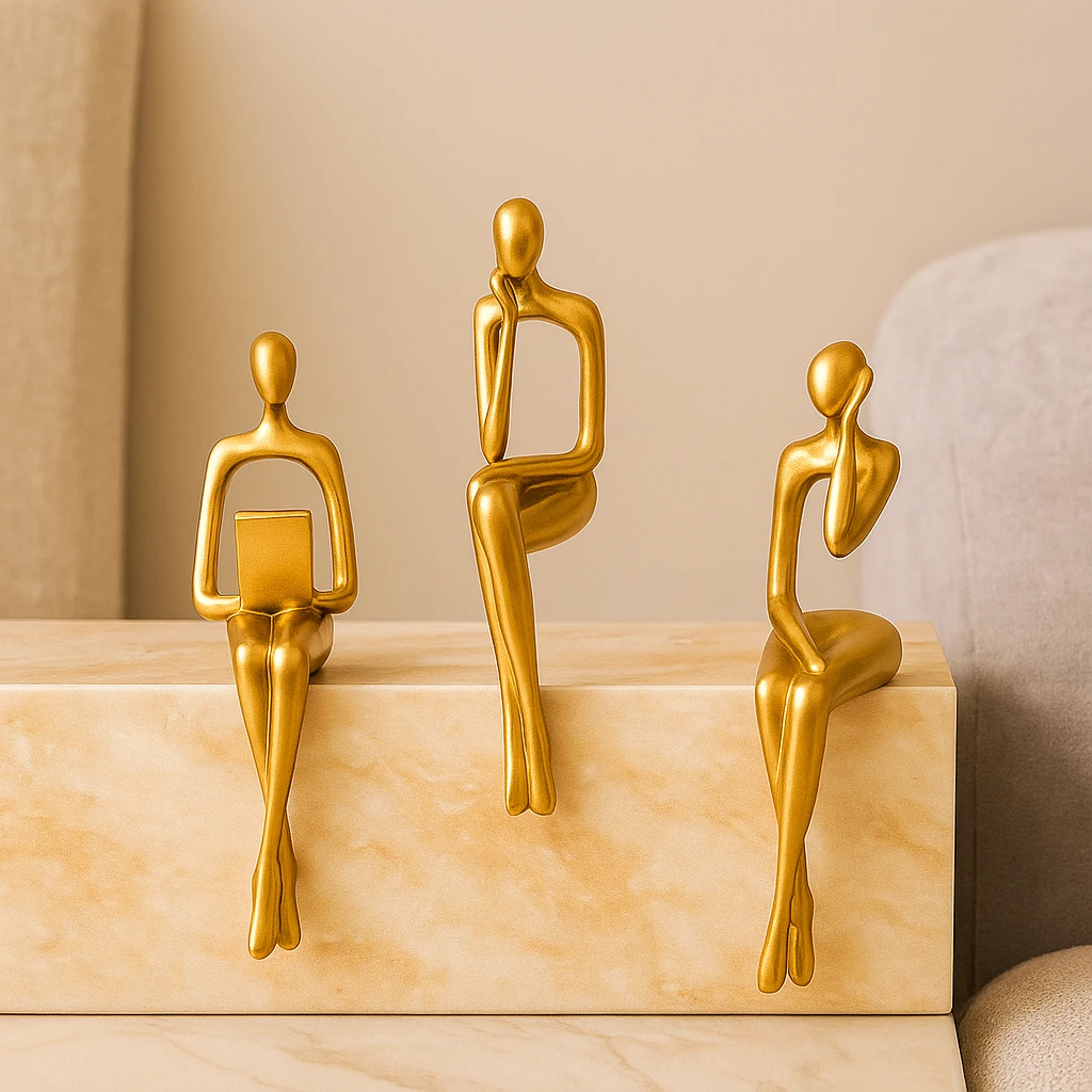 Golden abstract thinker statues in unique artistic positions Bowlift by Bowlift