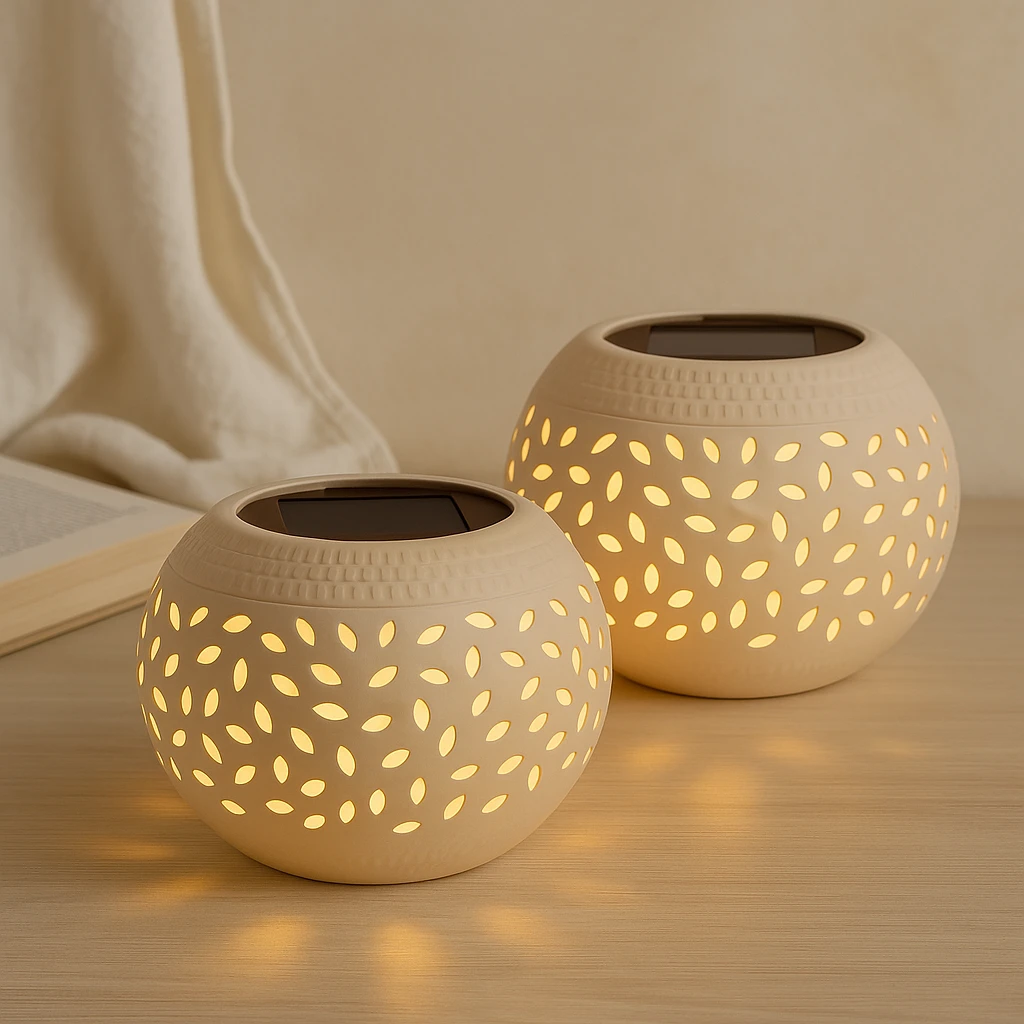 Solar-powered table lamp with punched pattern Bowlift by Bowlift