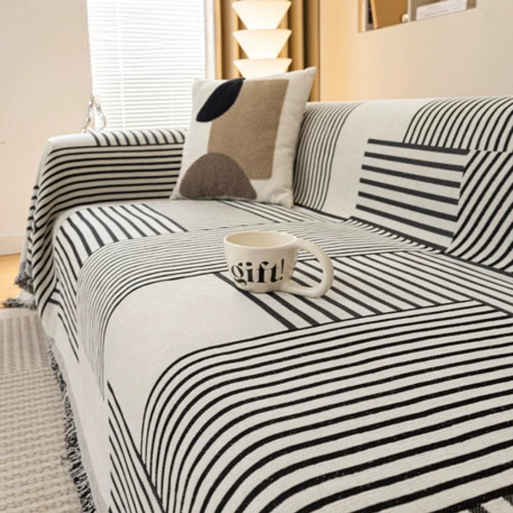 Chenille Striped Tassel Sofa Cover by Casa & Beyond