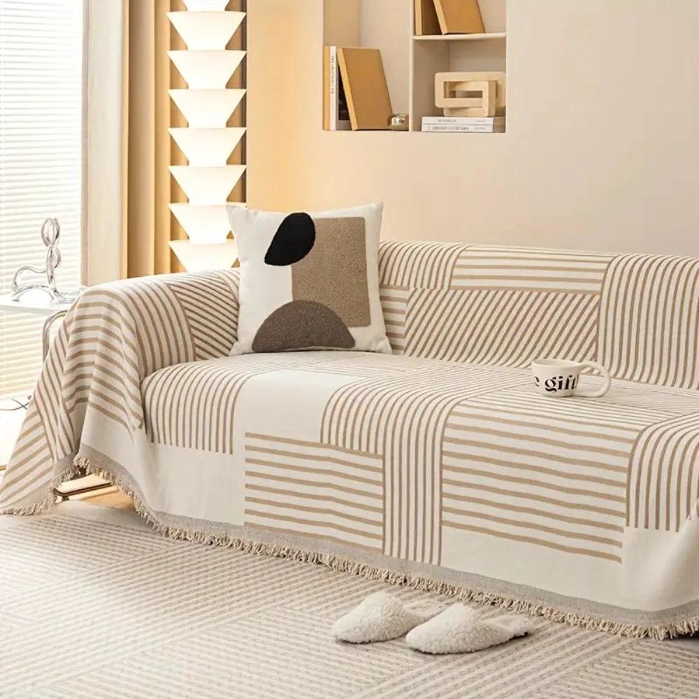 Chenille Striped Tassel Sofa Cover by Casa & Beyond