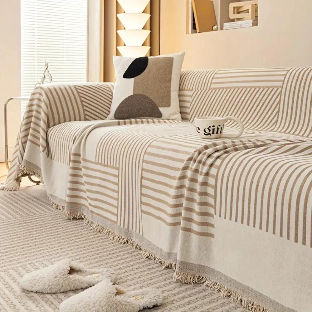 Chenille Striped Tassel Sofa Cover by Casa & Beyond