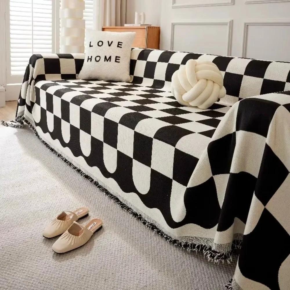Chess Board Chic Tasseled Sofa Cover by Casa & Beyond
