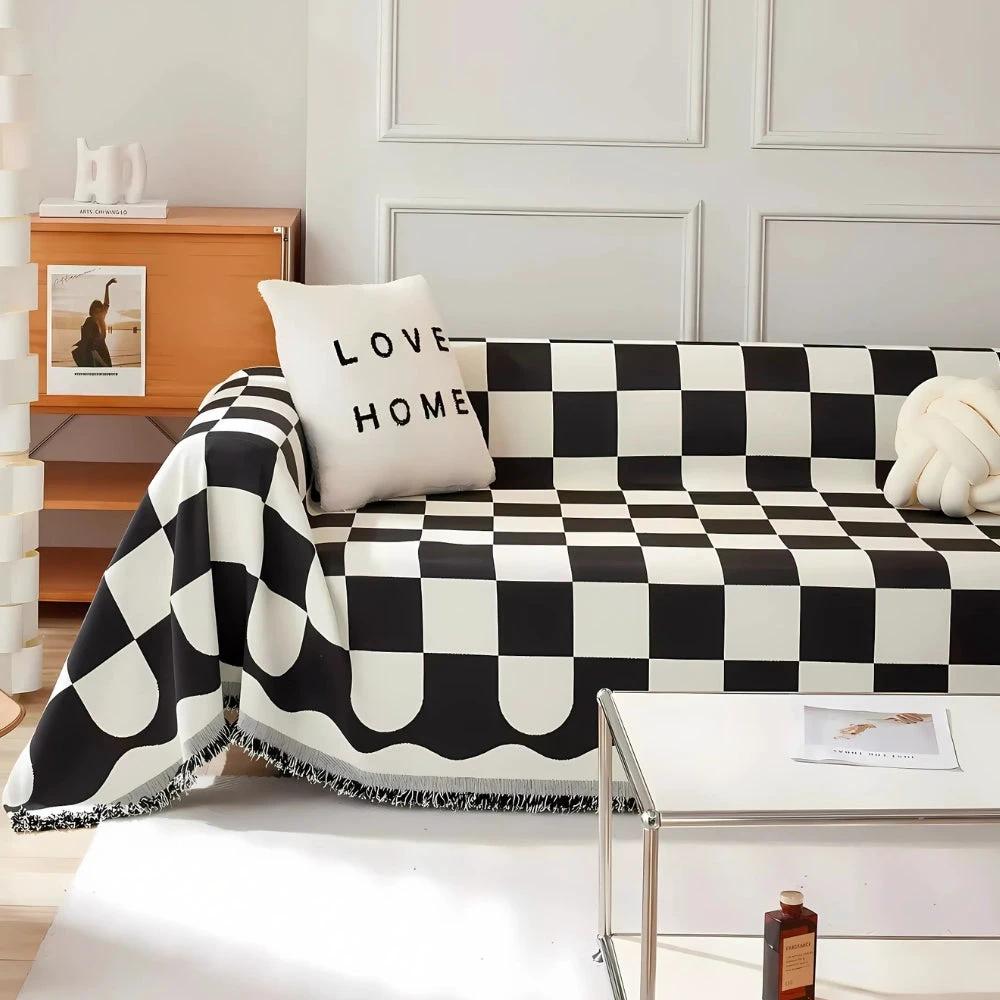 Chess Board Chic Tasseled Sofa Cover by Casa & Beyond
