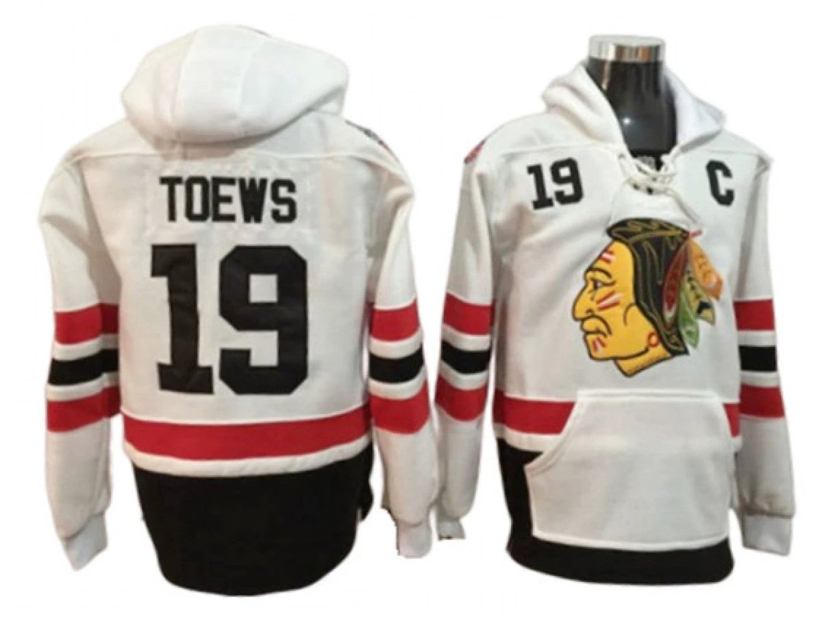 Chicago Blackhawks #19 Jonathan Toews White One Front Pocket Pullover Hoodie by Hoodie Pullover