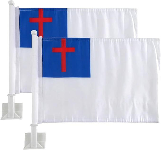 Christian Flag Car Window Flag of Christian Patriotic, National Day, Olympic Games, 11X18 Inch(28x46cm) 100% Polyester, Strong White Flagpole by flagsshop