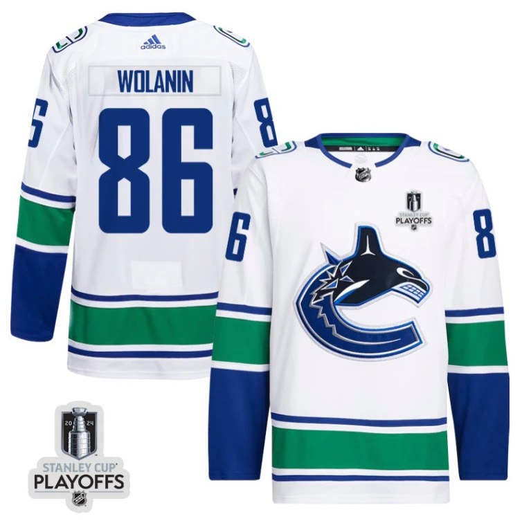 Christian Wolanin 86 Vancouver Canucks 2024 NHL Playoffs Patch Away Jersey - Men, White by Hockey David