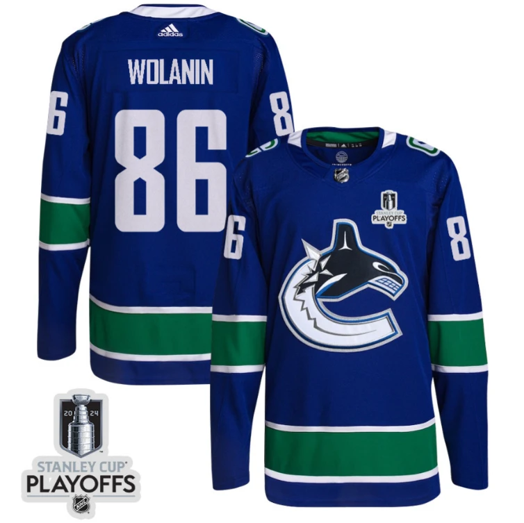 Christian Wolanin 86 Vancouver Canucks 2024 NHL Playoffs Patch Home Jersey - Men, Blue by Hockey David