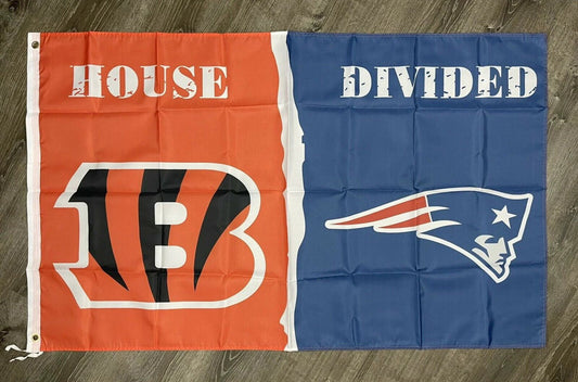 Cincinnati Bengals vs New England Patriots House Divided Flag 3x5 ft Banner by flagsjustdoit