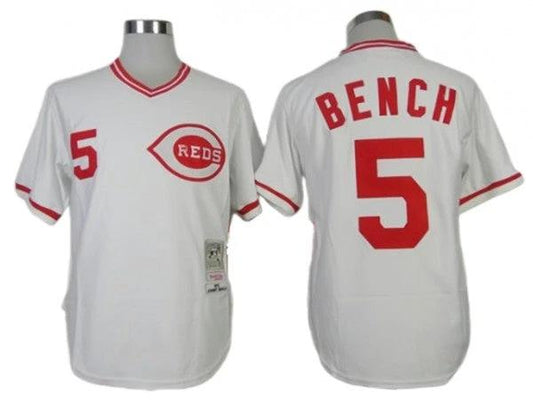 Cincinnati Reds #5 Johnny Bench White 1975 Throwback Jersey by My Store