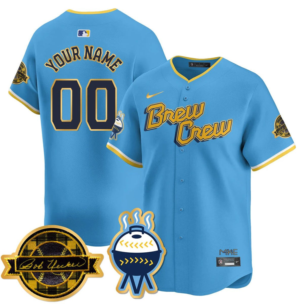 Milwaukee Brewers 2025 Gold Custom Jersey - Bob Uecker Patch - All Stitched by Milwaukee Brewers