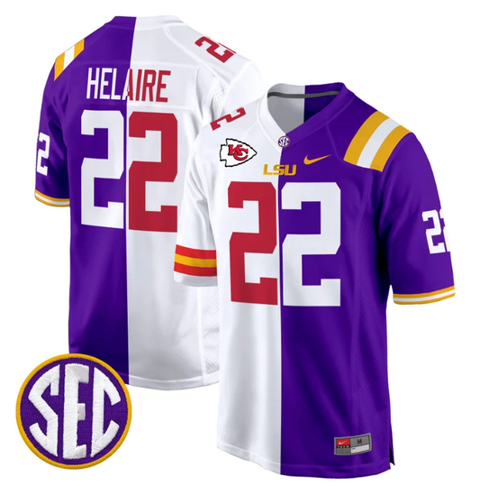 Clyde Edwards-Helaire Jersey #22 LSU Tiger Split Game College Football Stitched by NCAA Football Jersey
