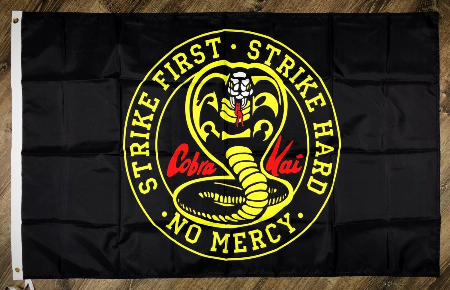 Cobra Kai Strike First Karate Kid Flag 3x5 ft Black Movie Banner Man-Cave Garage by flagsjustdoit