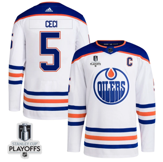 Cody Ceci 5 Edmonton Oilers 2024 NHL Playoffs Patch Away Jersey - Men, White by Hockey David