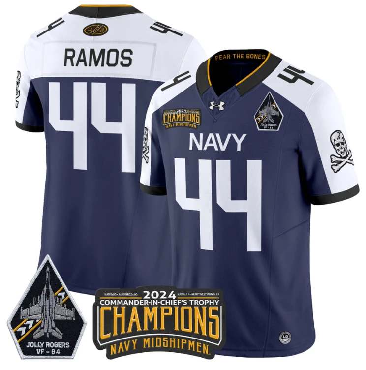 Colin Ramos Jersey #44 Navy Midshipmen 2024 Jolly Rogers Champions Navy White by NCAA Football Jersey