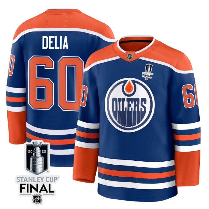 Collin Delia 60 Edmonton Oilers 2025 STANLEY CUP Final Patch Home Men Jersey Royal by Hockey David