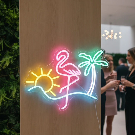 Colorful Flamingo Sun Palm Tree Neon Sign by Neonchics