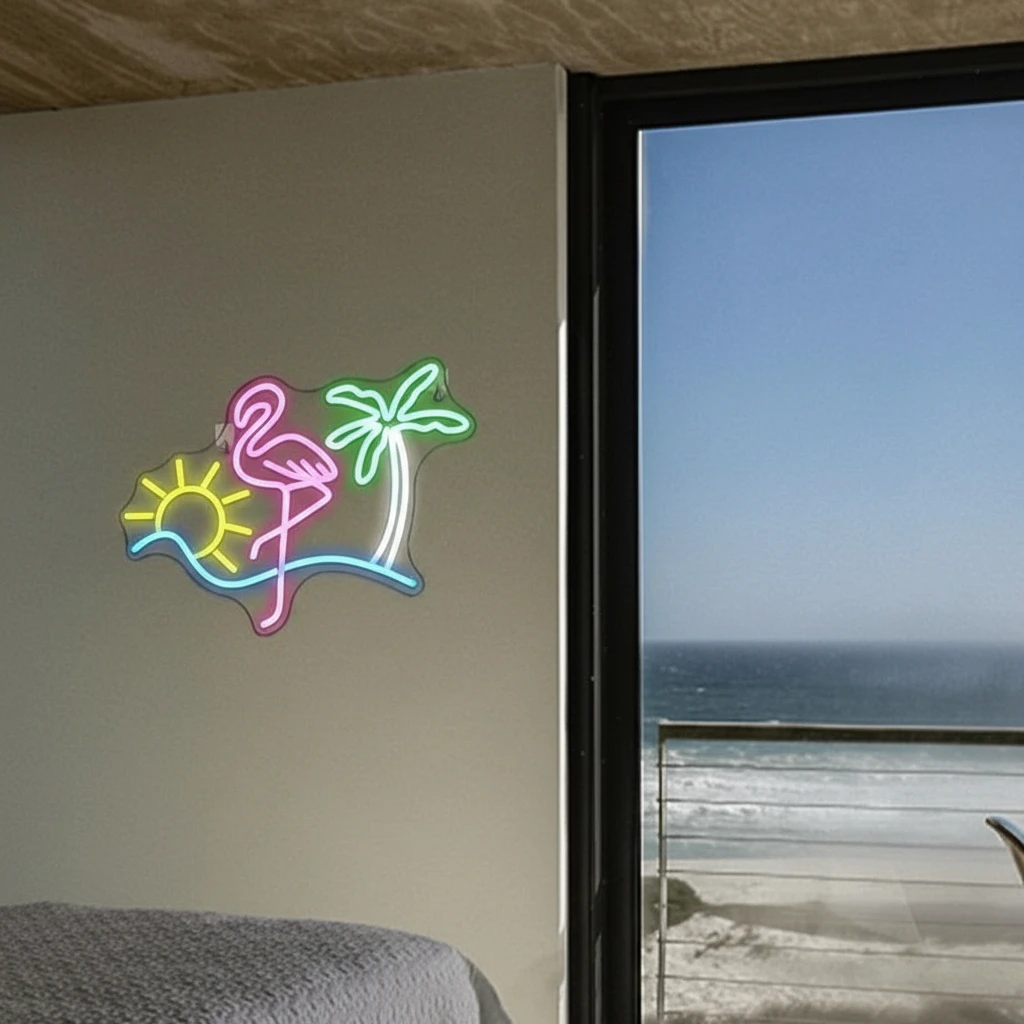Colorful Flamingo Sun Palm Tree Neon Sign by Neonchics