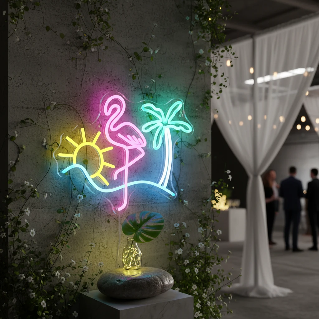 Colorful Flamingo Sun Palm Tree Neon Sign by Neonchics