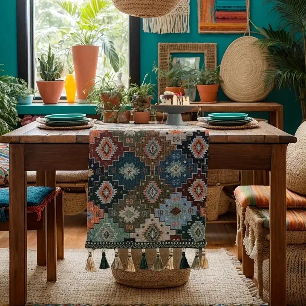 Colorful Geometric Tassel Table Runner Decor by Casa & Beyond