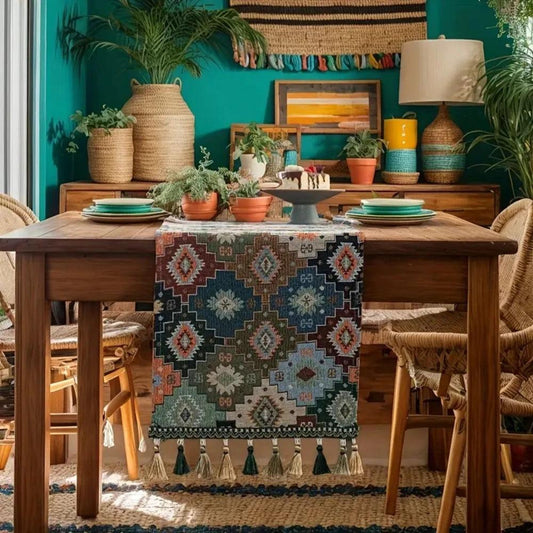 Colorful Geometric Tassel Table Runner Decor by Casa & Beyond