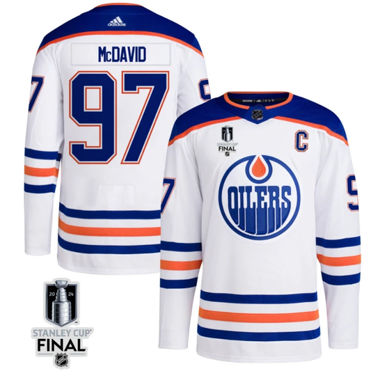 Connor McDavid 97 Edmonton Oilers 2024 STANLEY CUP Final Away Jersey Men, White by Hockey David