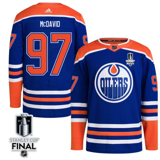 Connor McDavid 97 Edmonton Oilers 2024 STANLEY CUP Final Home Primegreen Jersey Men, Royal by Hockey David