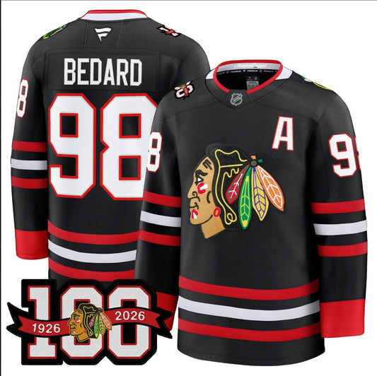 Connor Bedard Jersey #98 Chicago Blackhawks 2025-26 Premium 100th Stitched by Hockey David