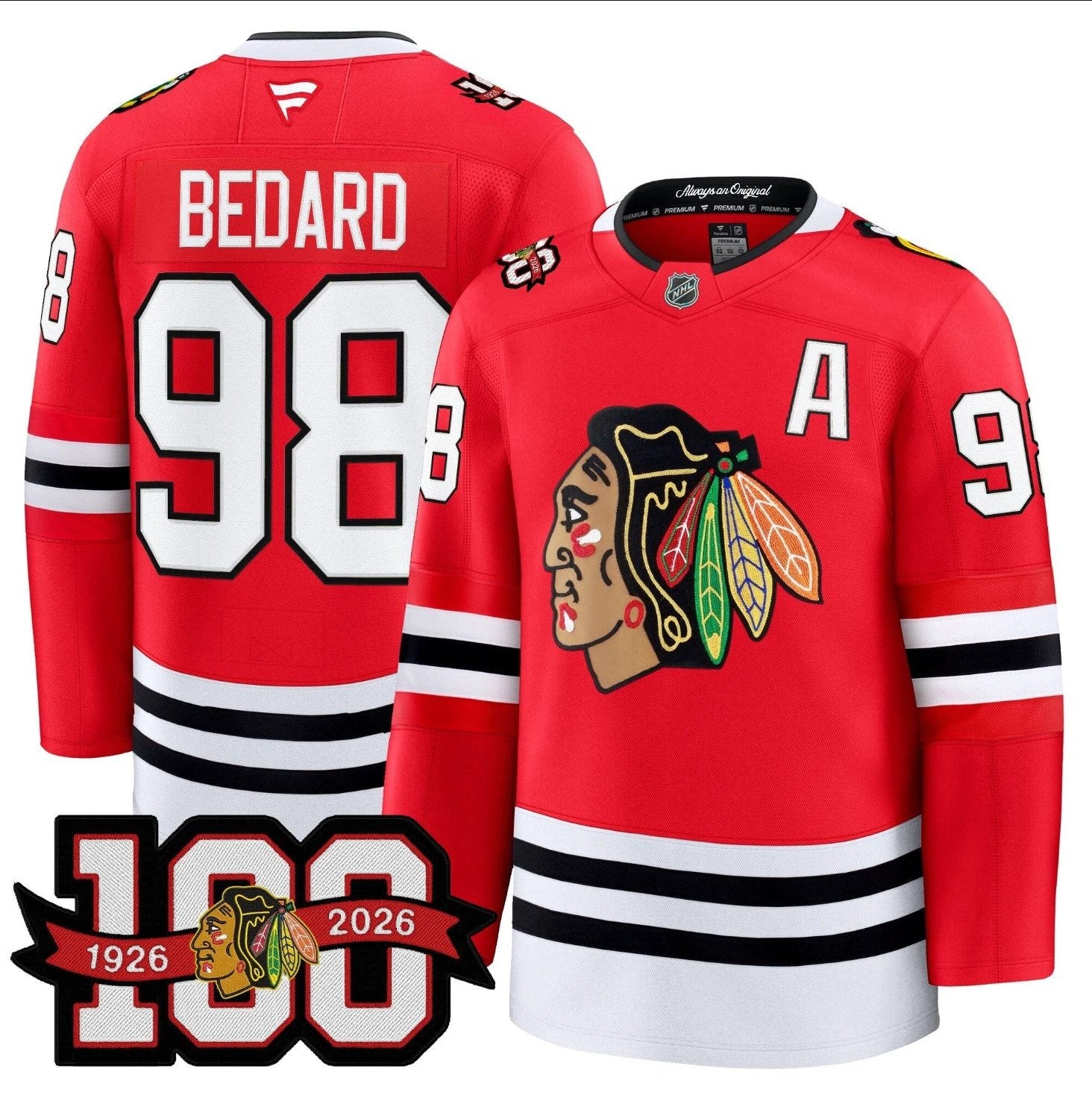 Connor Bedard Jersey #98 Chicago Blackhawks 2025-26 Premium 100th Stitched by Hockey David