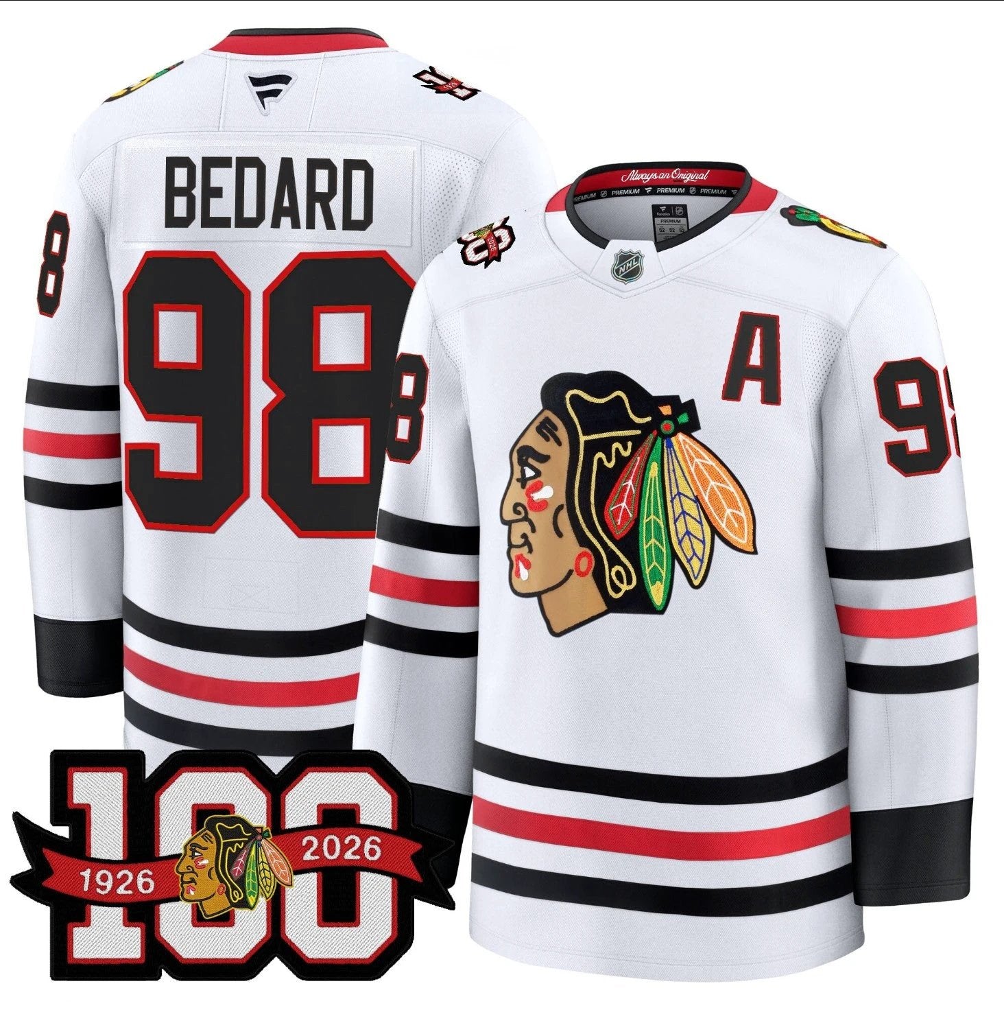 Connor Bedard Jersey #98 Chicago Blackhawks 2025-26 Premium 100th Stitched by Hockey David