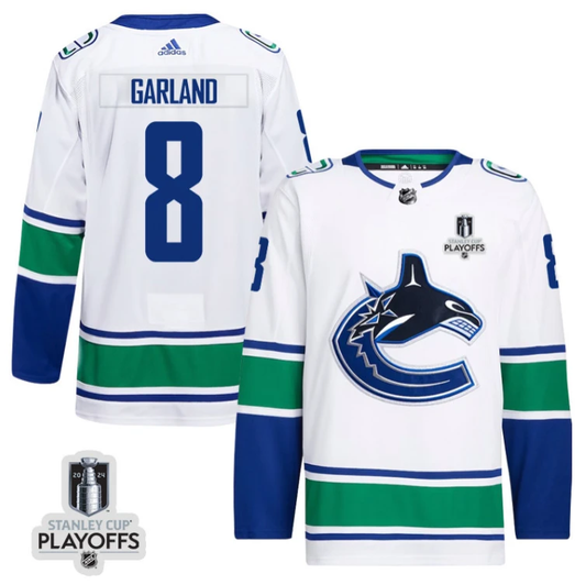 Conor Garland 8 Vancouver Canucks 2024 NHL Playoffs Patch Away Jersey - Men, White by Hockey David