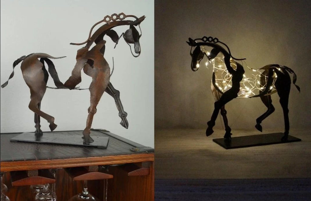 RustGlow - Abstract Rust Horse Sculpture with LED Light Bowlift by Bowlift