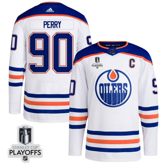 Corey Perry 90 Edmonton Oilers 2024 NHL Playoffs Patch Away Jersey - Men, White by Hockey David