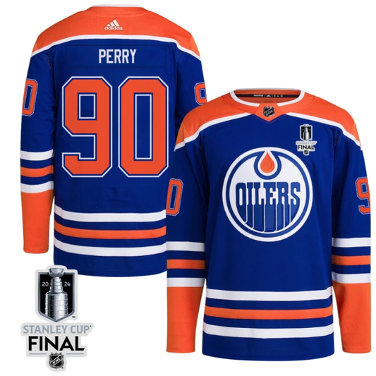 Corey Perry 90 Edmonton Oilers 2024 STANLEY CUP Final Home Primegreen Jersey Men, Royal by Hockey David