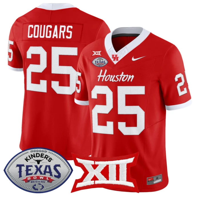 Cougars Jersey #25 Houston Cougars 2025 Texas Bowl Patch Stitched Red by NCAA Football Jersey