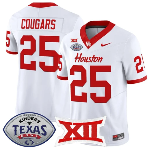 Cougars Jersey #25 Houston Cougars 2025 Texas Bowl Patch Stitched White by NCAA Football Jersey