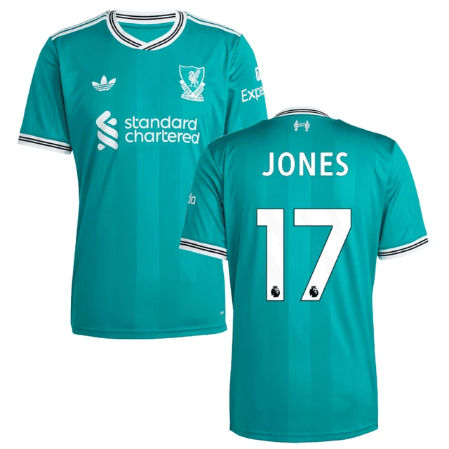 Curtis Jones 17 Liverpool 2025-26 Third Match Jersey – Aqua by Soccer Jersey