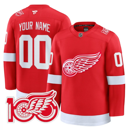 Custom Detroit Red Wings Jersey 100th Anniversary Premium Stitched Red by Hockey David