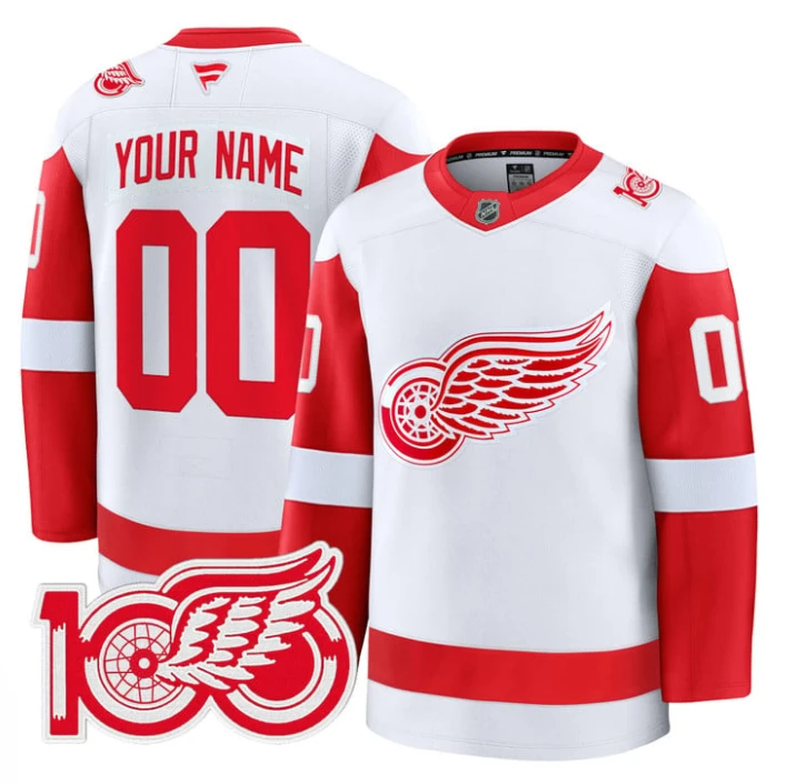 Custom Detroit Red Wings Jersey 100th Anniversary Premium Stitched White by Hockey David