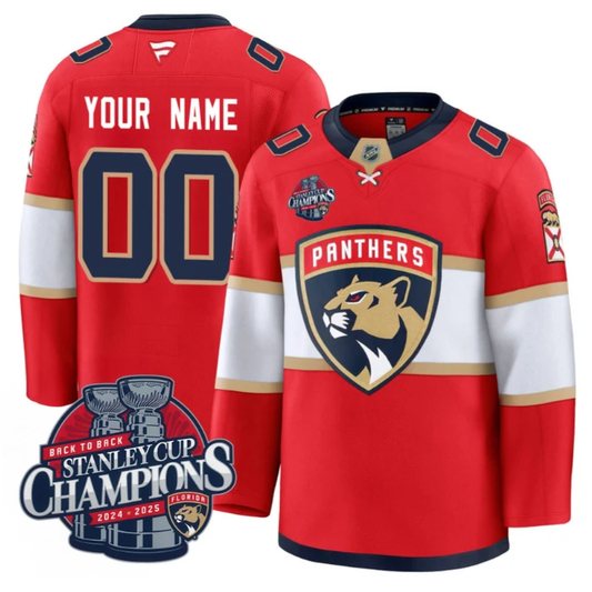 Custom Florida Panthers Jersey 2025 Stanley Cup Back To Back Champions Red by Hockey David