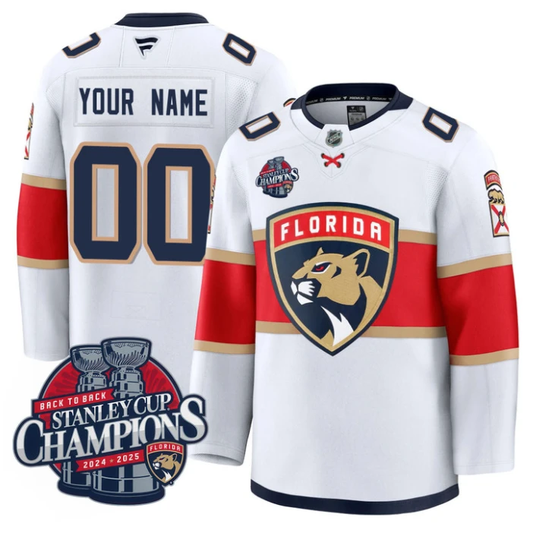 Custom Florida Panthers Jersey 2025 Stanley Cup Back To Back Champions White by Hockey David