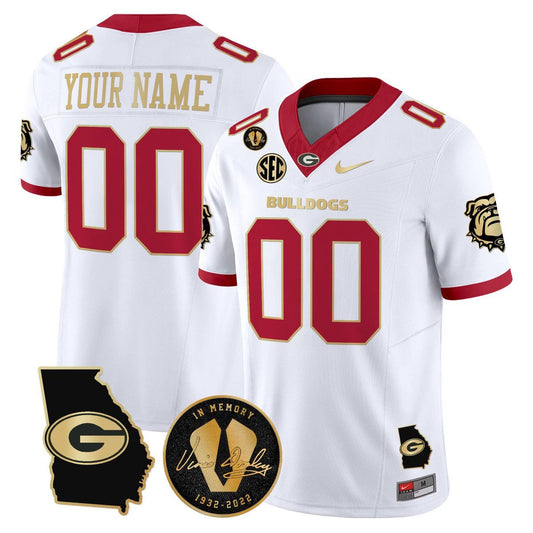 Custom Georgia Bulldogs Jersey 2025 Georgia Map, Vince Dooley Patch White Gold by My Store NCAA Football Jerseys