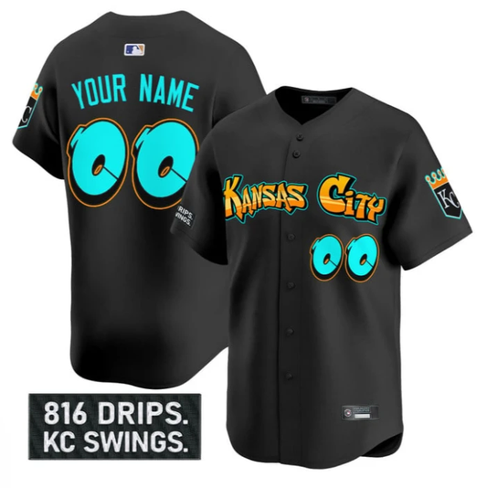 Custom Kansas City Royals Jersey Graffiti Crown Drop Limited Stitched Black by My Store
