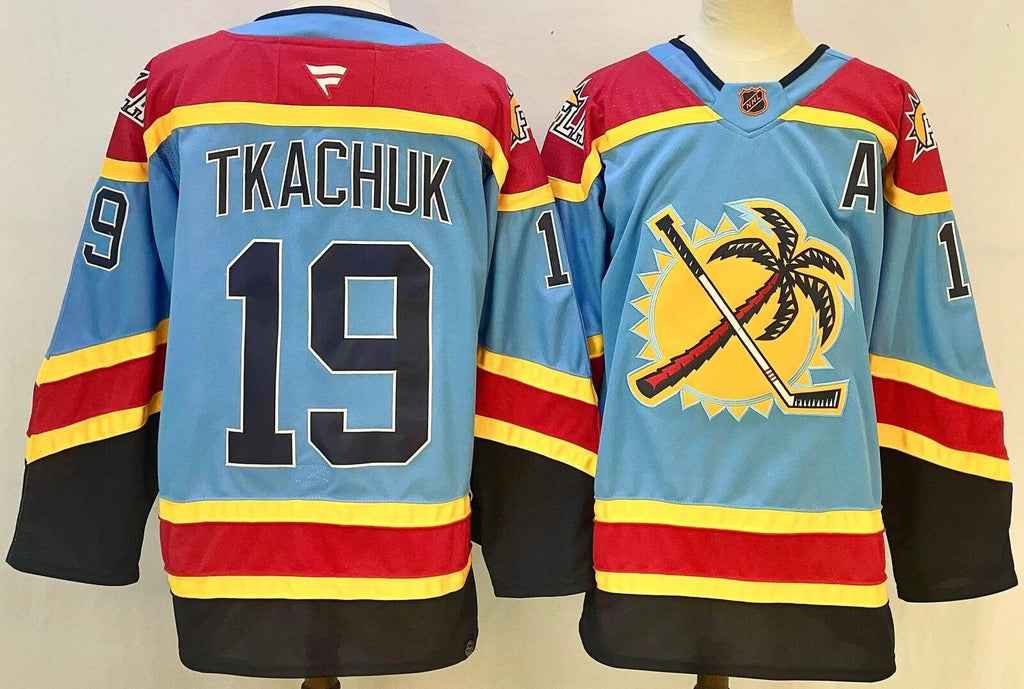 Custom Men Matthew Tkachuk Panthers Light Blue Jersey All Stitched by Hockey David