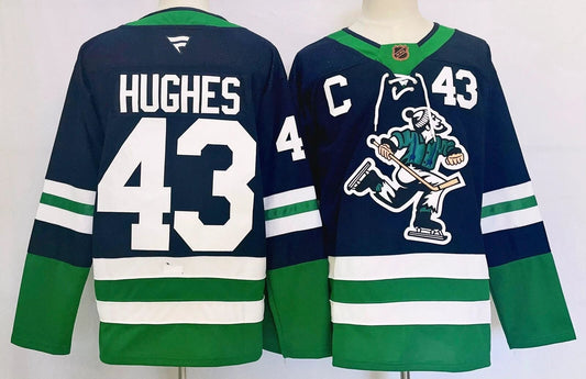 Custom Men Quinn Hughes Canucks Navy Jersey All Stitched by Hockey David