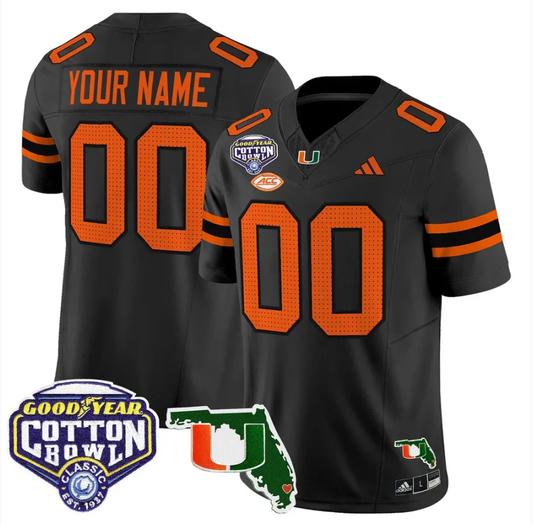 Custom Miami Hurricanes Jersey 2025 Cotton Bowl Florida Patch Stitched Black by NCAA Football Jersey