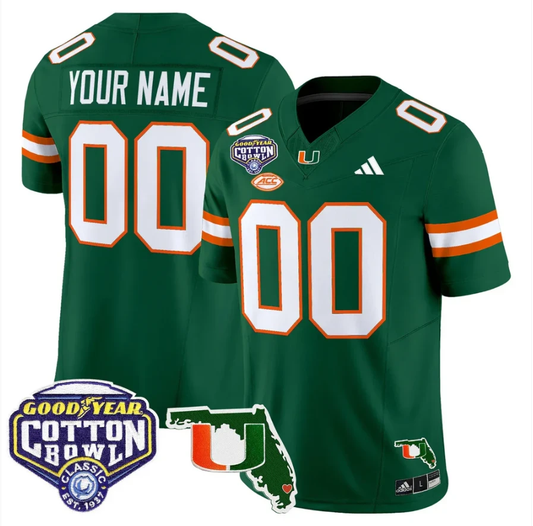 Custom Miami Hurricanes Jersey 2025 Cotton Bowl Florida Patch Stitched Green by NCAA Football Jersey