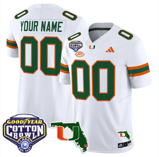Custom Miami Hurricanes Jersey 2025 Cotton Bowl Florida Patch Stitched White by NCAA Football Jersey