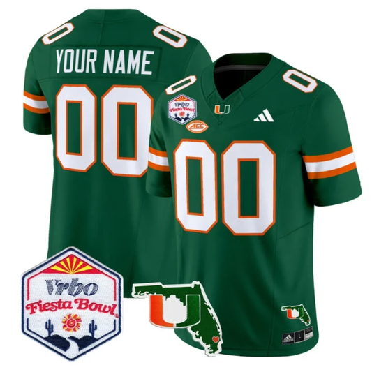 Custom Miami Hurricanes Jersey 2026 Fiesta Bowl Florida Patch Stitched Green by My Store NCAA Football Jerseys